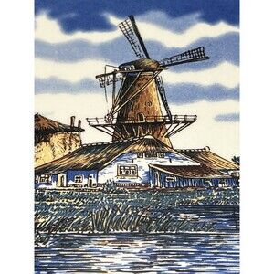 Vtg Windmill Riverside Farmhouse Ceramic Art Tile Trivet Holland Decor Dutch MCM